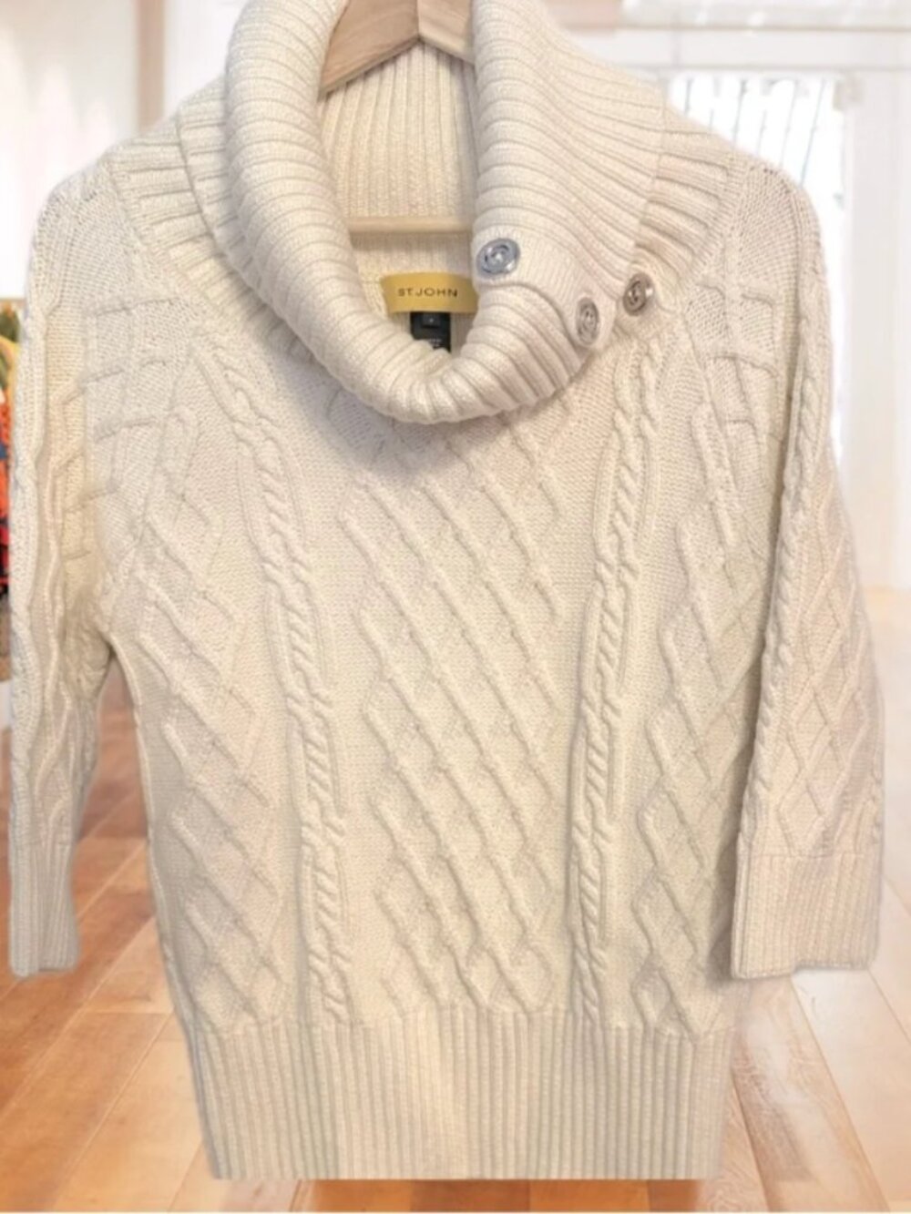 St. John Ivory Cable Knit Cowl Neck Sweater Sz S